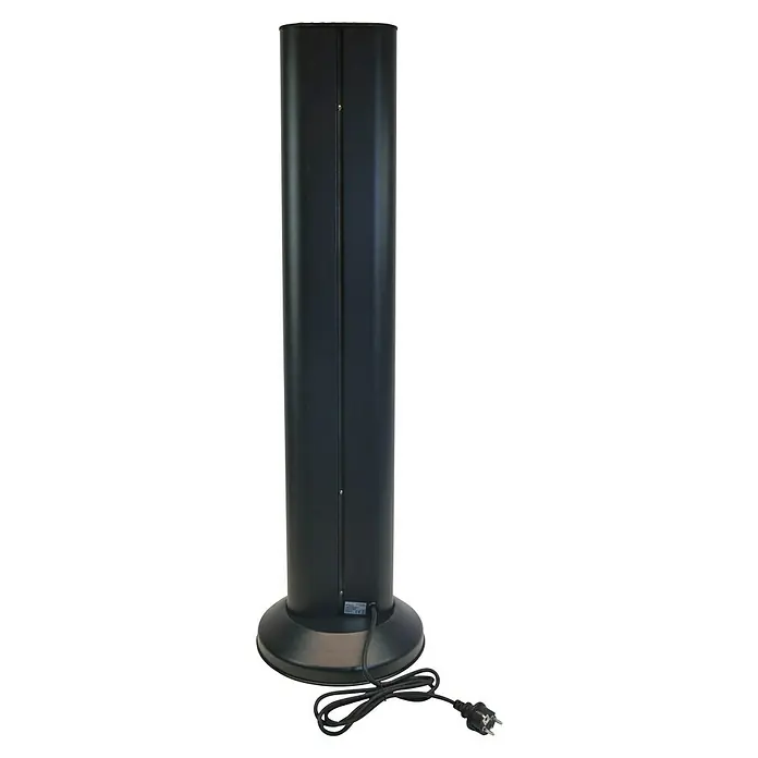 Purline Calefactor halógeno Heaty EX2000 CA - 15 x 15 x 95 cm, 2.000 W, Negro - Un purificador de aire UV-C negro y elegante con un diseño cilíndrico y cable de alimentación, diseñado para uso interior.