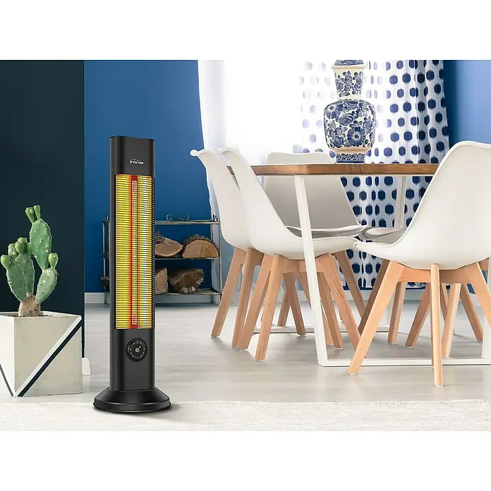 Purline Calefactor halógeno Heaty EX2000 CA - 15 x 15 x 95 cm, 2.000 W, Negro - Un elegante calentador radiante negro se encuentra en una elegante habitación, brindando calidez y ambiente.