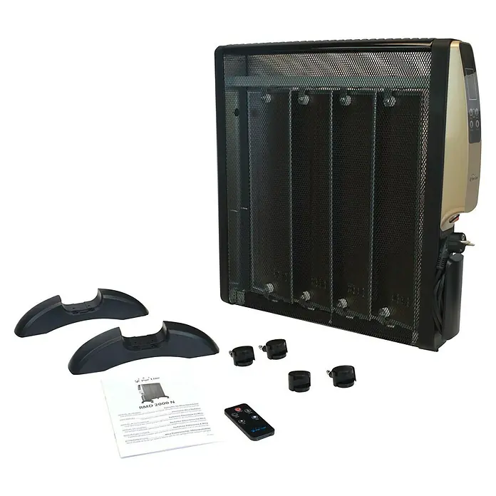 Purline Calefactor radiante de mica RMD 2000 - 2.000 W, 13 x 56 x 67 cm - Calefactor de mica con accesorios, incluyendo mando a distancia, bases y manual, para calentar el espacio eficientemente.