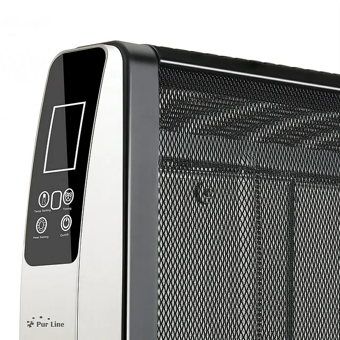 Purline Calefactor radiante de mica RMD 2000 - 2.000 W, 13 x 56 x 67 cm - Primer plano de un calentador Pur Line con controles digitales y diseño de malla.