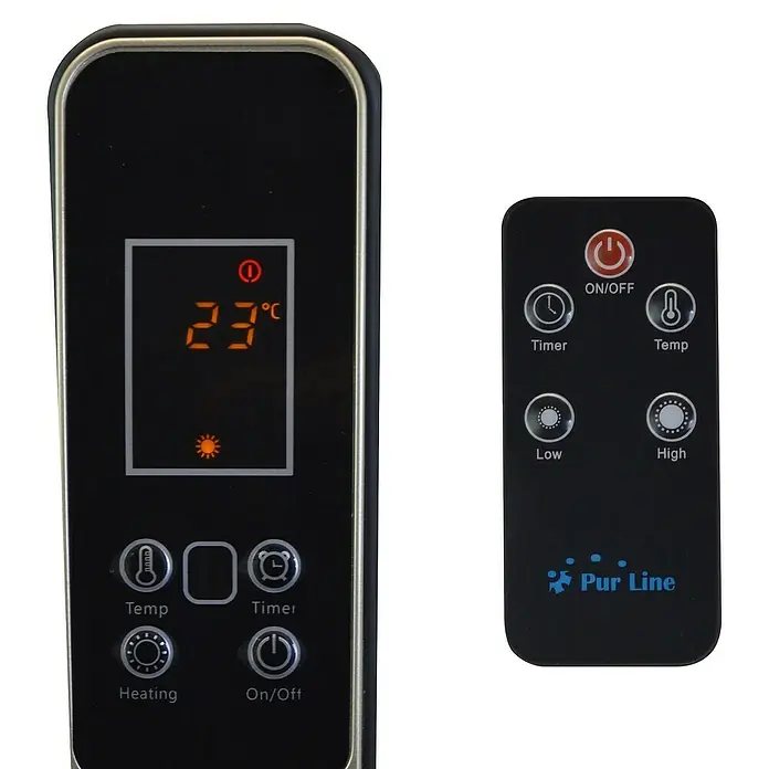 Purline Calefactor radiante de mica RMD 2000 - 2.000 W, 13 x 56 x 67 cm - En la imagen se muestra un primer plano de los controles y el mando a distancia de un dispositivo de calefacción Pur Line.