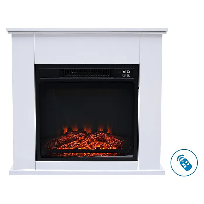 Purline Chimenea eléctrica con marco MDF CHE-610 - Blanco, 1.000 W - 2.000 W, 24 x 63 x 63 cm - Primer plano de una chimenea eléctrica blanca con efectos de llama realistas y botones de control.