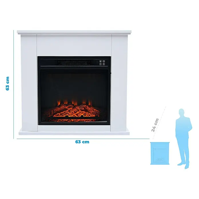 Purline Chimenea eléctrica con marco MDF CHE-610 - Blanco, 1.000 W - 2.000 W, 24 x 63 x 63 cm - La imagen muestra una chimenea eléctrica blanca con unas dimensiones de 63 cm x 63 cm. La potencia de calefacción de la chimenea es regulable.
