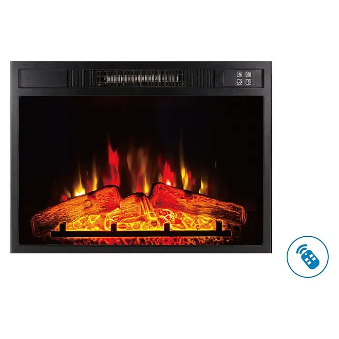 Purline Chimenea eléctrica CHE-620 - Negro, 2.000 W, 12,8 x 58,4 x 43,5 cm - Primer plano de una chimenea eléctrica con llamas y troncos simulados, que proporciona calidez y ambiente.\n