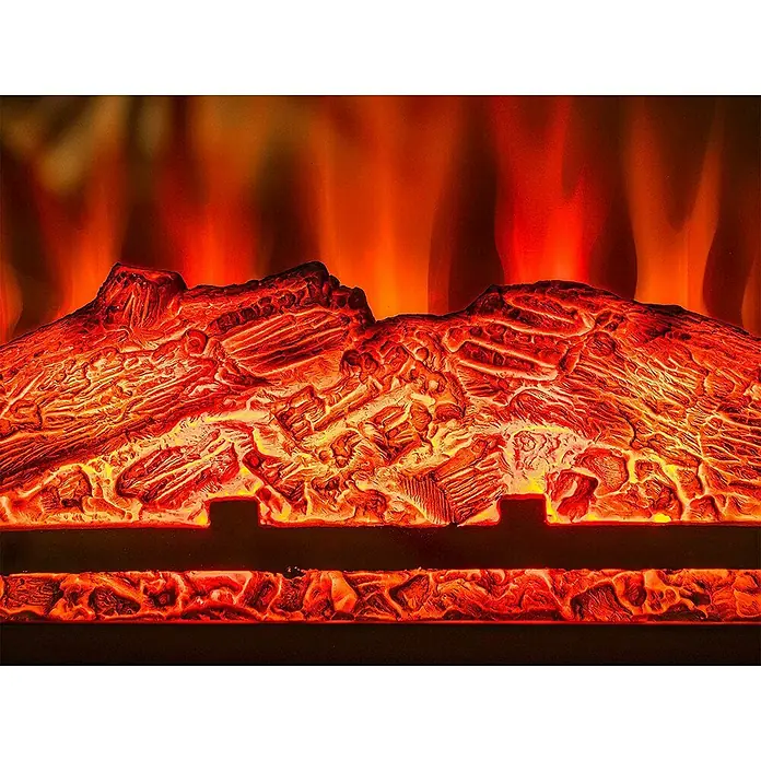 Purline Chimenea eléctrica CHE-620 - Negro, 2.000 W, 12,8 x 58,4 x 43,5 cm - Primer plano de una chimenea eléctrica simulada, que irradia un cálido resplandor rojo, creando la ilusión de calidez y confort.