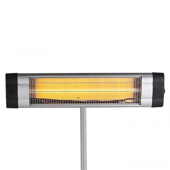 Purline Estufa de pie infrarrojos Heaty EXC 30 - 10 x 101 x 180 cm, 3.000 W - Imagen de un calentador eléctrico de patio sobre un soporte con una rejilla protectora, emitiendo calor.