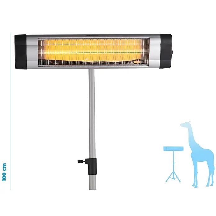 Purline Estufa de pie infrarrojos Heaty EXC 30 - 10 x 101 x 180 cm, 3.000 W - Imagen de un calefactor de infrarrojos de 180 cm de altura, ideal para uso interior y exterior, que ofrece calidez y confort.