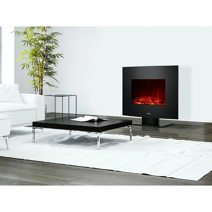 Purline Chimenea eléctrica CHE-340 - Negro, 2.000 W - Elegante salón con una moderna chimenea negra que añade calidez y estilo. La decoración se complementa con una mesa de centro.