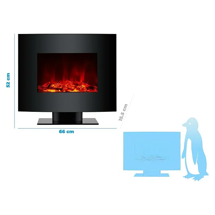 Purline Chimenea eléctrica CHE-340 - Negro, 2.000 W - Imagen de una chimenea eléctrica negra con unas dimensiones de 52 cm de alto y 66 cm de ancho.