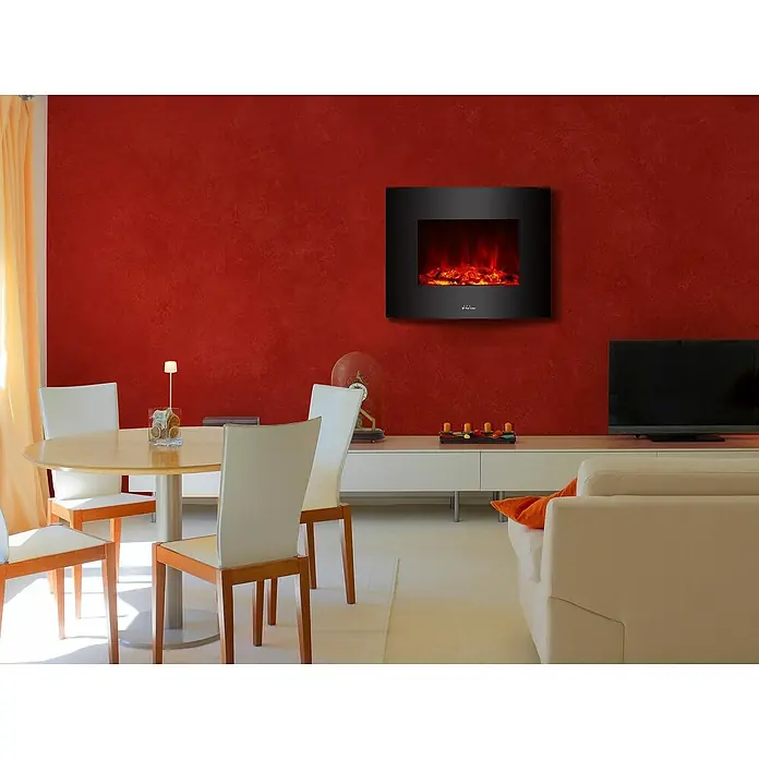Purline Chimenea eléctrica CHE-340 - Negro, 2.000 W - Elegante sala de estar que muestra una llamativa chimenea eléctrica de pared negra como punto focal.