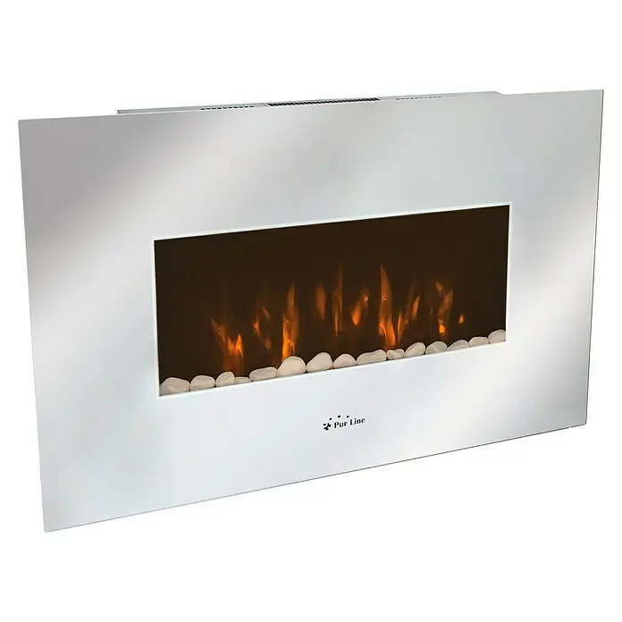 Purline Chimenea eléctrica CHE-450 - Plata, 2.000 W - Primer plano de una chimenea eléctrica Pur Line blanca y moderna, que crea un ambiente acogedor con piedras decorativas y llamas.