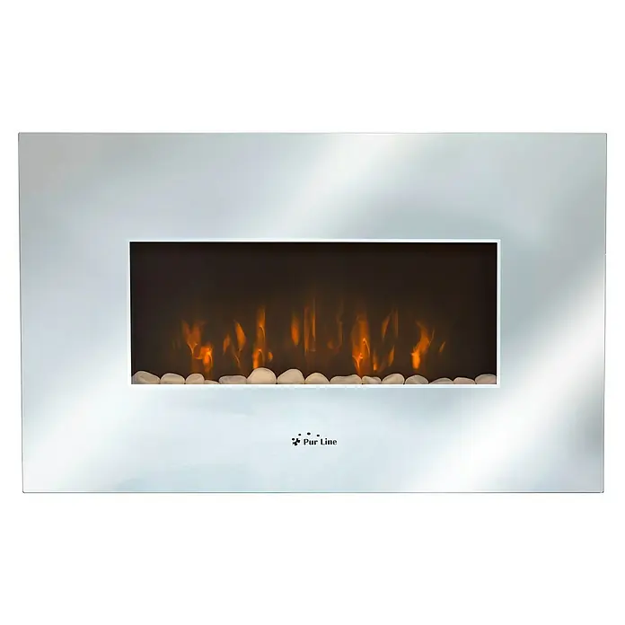 Purline Chimenea eléctrica CHE-450 - Plata, 2.000 W - Elegante chimenea eléctrica de pared con llamas realistas y guijarros blancos para un ambiente moderno.