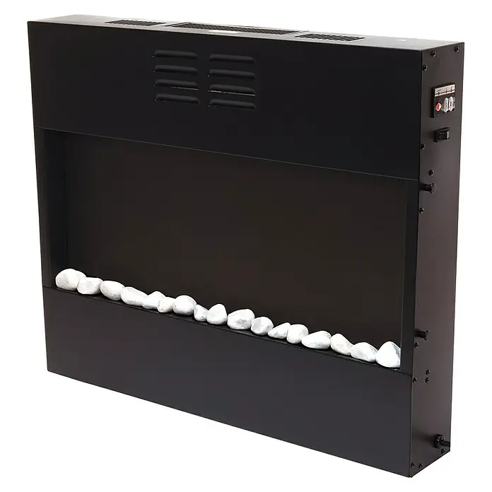 Purline Chimenea eléctrica CHE-450 - Plata, 2.000 W - Primer plano de una chimenea eléctrica negra con piedras blancas decorativas.