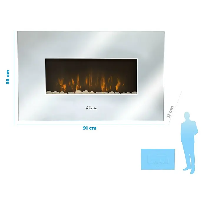 Purline Chimenea eléctrica CHE-450 - Plata, 2.000 W - Imagen de una chimenea eléctrica de pared blanca con dimensiones de 91 cm x 56 cm.