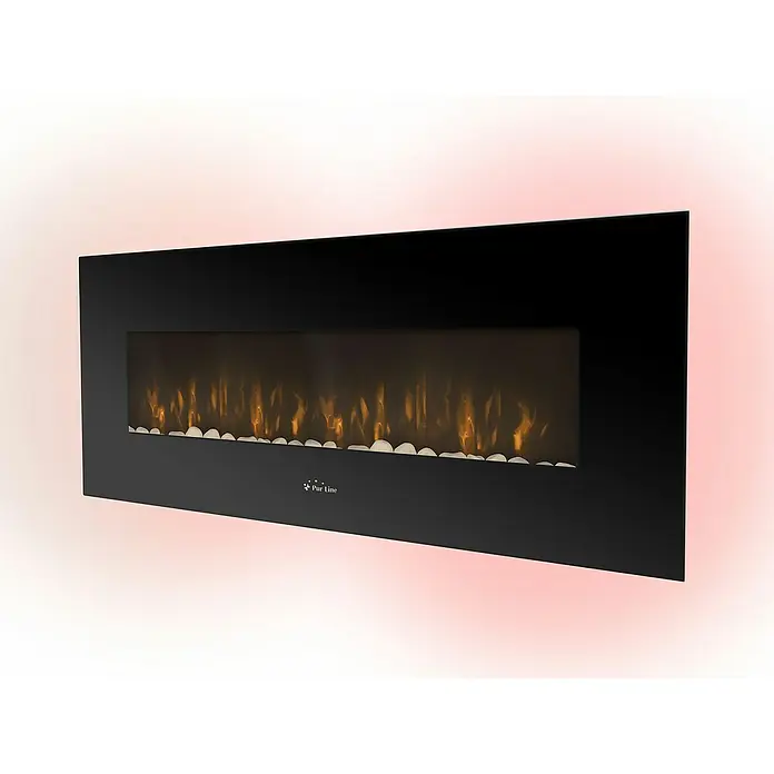 Purline Chimenea eléctrica CHE-500 - Negro, 2.000 W, 11 x 140 x 56 cm - Primer plano de una chimenea eléctrica negra y moderna con llamas realistas y piedras blancas decorativas que crean un ambiente acogedor.