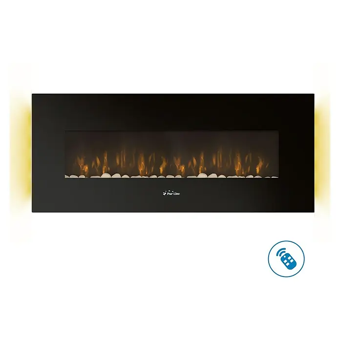 Purline Chimenea eléctrica CHE-500 - Negro, 2.000 W, 11 x 140 x 56 cm - Elegante chimenea eléctrica Purline negra con llamas y piedras simuladas, controlada por mando a distancia para un calor acogedor.