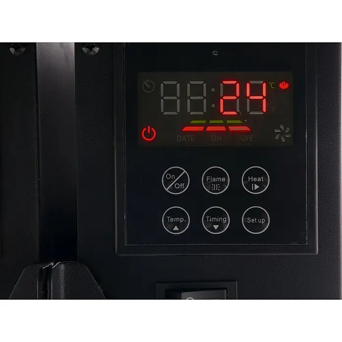 Purline Chimenea eléctrica CHE-450 - Plata, 2.000 W - Primer plano del panel de control de una chimenea eléctrica con pantalla digital y botones para varios ajustes.