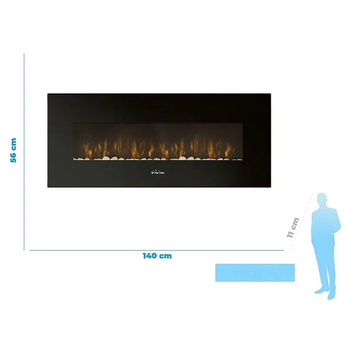 Purline Chimenea eléctrica CHE-500 - Negro, 2.000 W, 11 x 140 x 56 cm - Imagen de una chimenea eléctrica Pur Line, con medidas de 140 cm de ancho y 56 cm de alto, ideal para un ambiente acogedor.