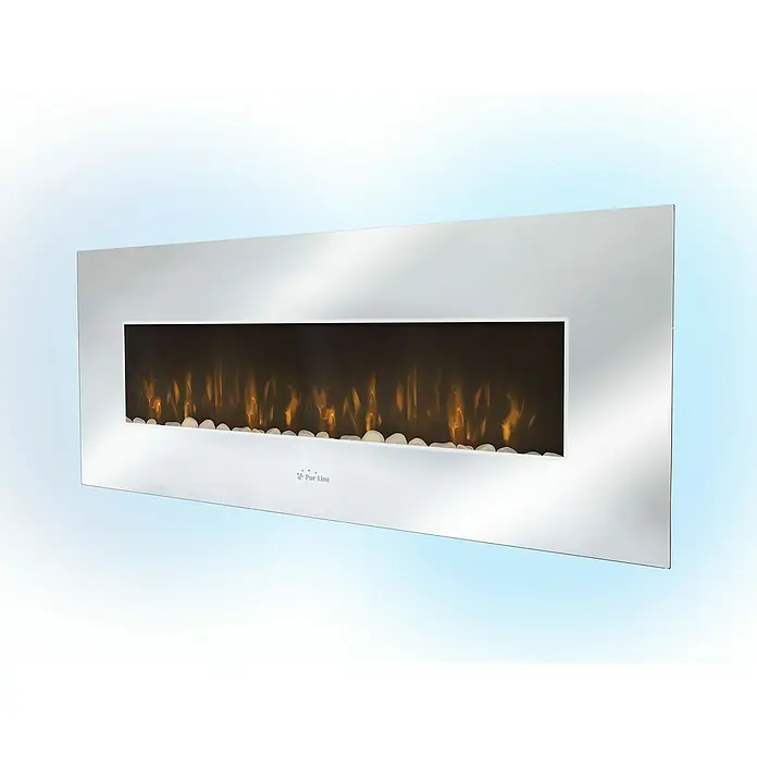 Purline Chimenea eléctrica CHE-510 - Plata, 2.000 W - Diseño elegante y moderno de chimenea eléctrica de pared con llamas realistas y guijarros blancos decorativos para un ambiente acogedor.