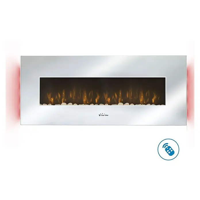 Purline Chimenea eléctrica CHE-510 - Plata, 2.000 W - Chimenea eléctrica de pared con efectos de llama realistas y piedras decorativas blancas para un ambiente acogedor.