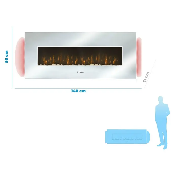 Purline Chimenea eléctrica CHE-510 - Plata, 2.000 W - Vista del producto de una chimenea eléctrica de pared con dimensiones de 140 cm de ancho, 56 cm de alto y 11 cm de profundidad.