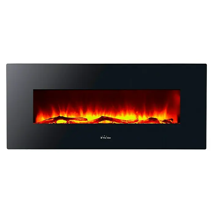 Purline Chimenea eléctrica CHE-515 - Negro, 1.600 W, 13 x 128 x 25 cm - Primer plano de una chimenea eléctrica Pur Line con llamas y troncos simulados, creando un ambiente cálido y acogedor.