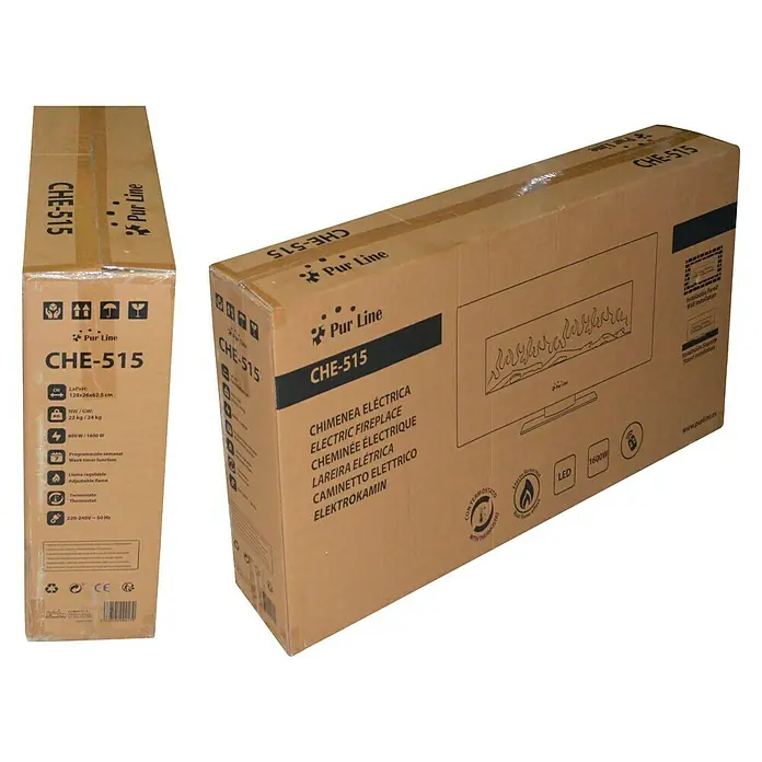 Purline Chimenea eléctrica CHE-515 - Negro, 1.600 W, 13 x 128 x 25 cm - Cajas de las chimeneas eléctricas CHE-515 de Pur Line. Embalaje del producto con imágenes y datos técnicos del dispositivo.