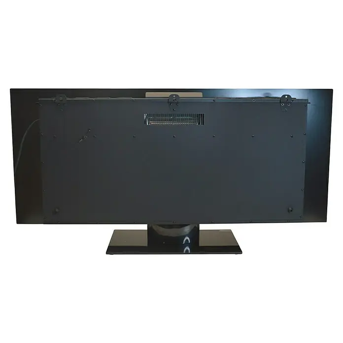 Purline Chimenea eléctrica CHE-515 - Negro, 1.600 W, 13 x 128 x 25 cm - Vista posterior de una elegante chimenea eléctrica negra con soporte, que ofrece una solución de calefacción moderna para el hogar.
