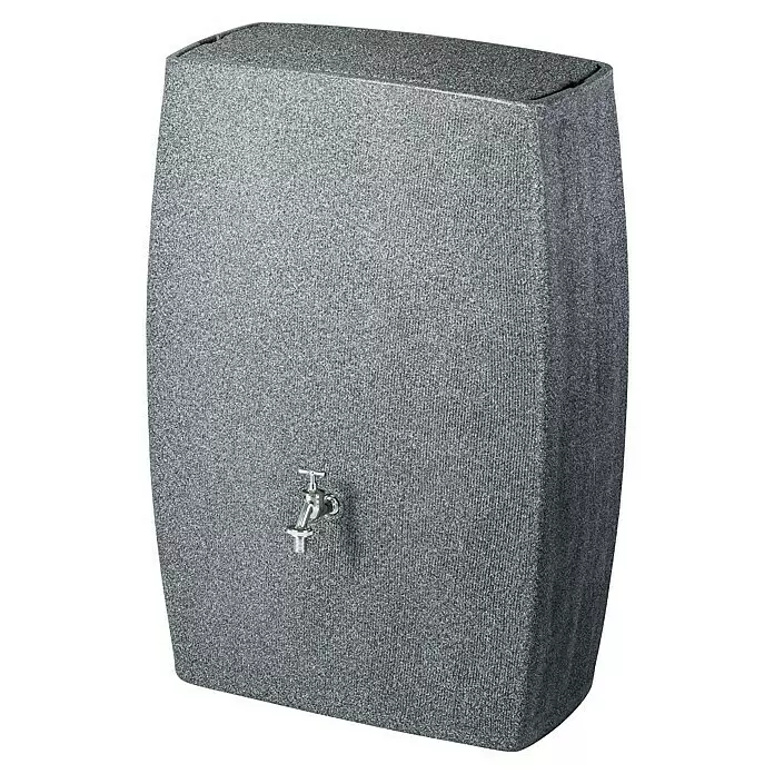 Arves Regenspeicher Boxy - 720 l, Granitkörnung, 1 Stk. - Graue strukturierte Regentonne mit abgerundeten Seiten und einem silbernen Hahn.