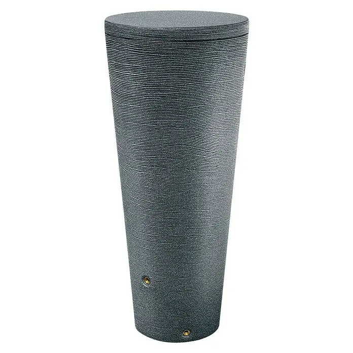 Arves Regenspeicher Tubo - 120 l, Granit - Schwarzer Regenspeicher mit horizontaler Rillenstruktur und goldenen Anschlüssen, ideal für die Gartenbewässerung und Regenwassernutzung.