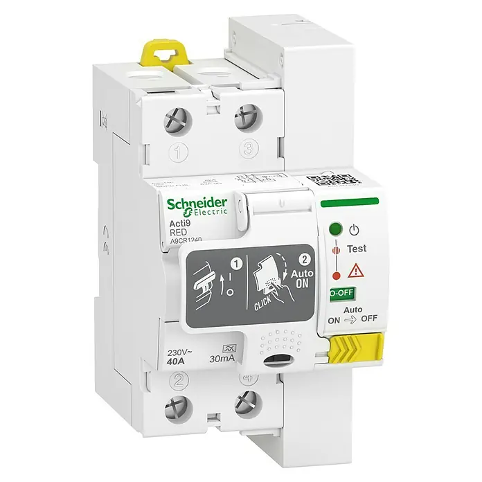 Schneider Electric Interruptor de protección diferencial de rearme - 30 mA, Número de polos: 2 - Un interruptor automático diferencial (RCBO) Acti9 RED de Schneider Electric que ofrece una protección confiable contra fallos eléctricos.