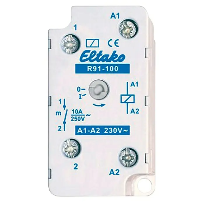 Eltako Relais-Modul R91-100-230V - 250 V, 10 A - Nahaufnahme eines Eltako R91-100 Schaltrelais, das elektrische Details wie Spannung und Stromstärke auf weißem Grund zeigt.