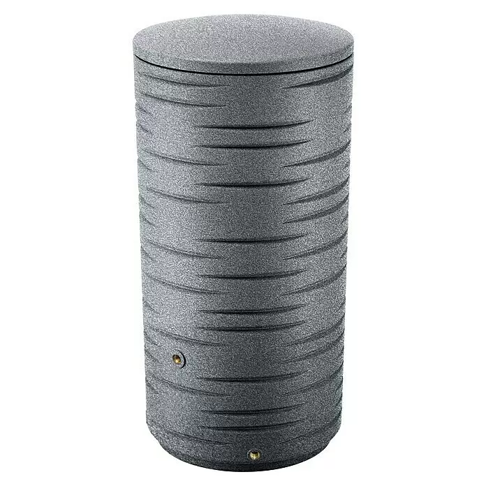Arves Regenspeicher Freze - 410 l, Granit - Dunkelgraue, zylindrische Regentonne mit Textur und zwei Messinghähnen zur Regenwassernutzung.