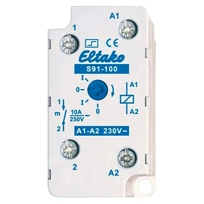 Eltako Stromstoßschalter Dose S91-100-230V - 250 V, 10 A - Nahaufnahme eines Eltako S91-100 Stromstoßschalters mit detaillierten Beschriftungen und Schraubklemmen, ideal für Elektroinstallationsarbeiten.