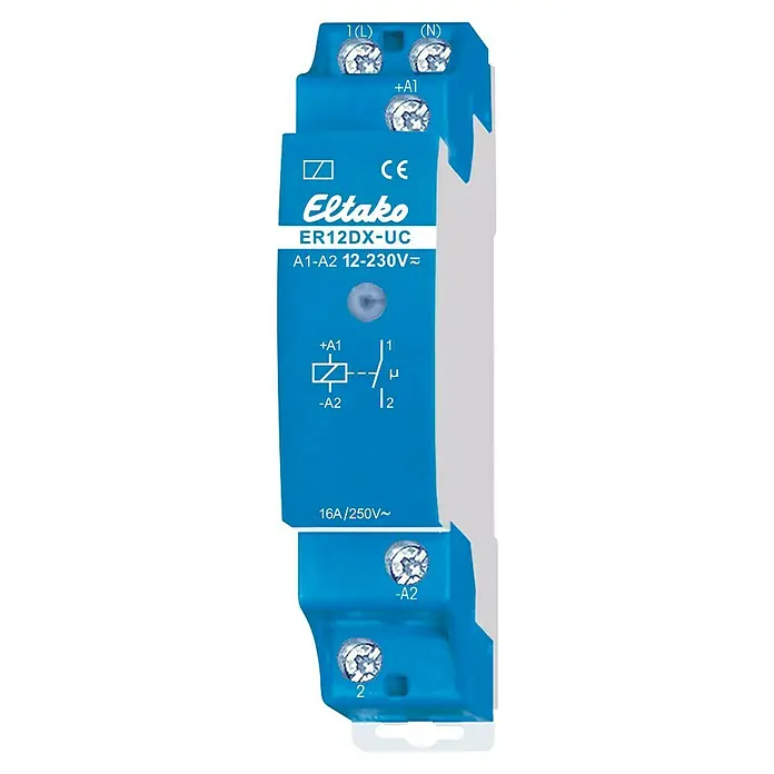Eltako Relais-Modul ER12DX-UC - 250 V, 16 A - Nahaufnahme des Eltako ER12DX-UC Schaltrelais, das für seine vielseitige Spannungsanpassung und zuverlässige Schaltleistung bekannt ist.