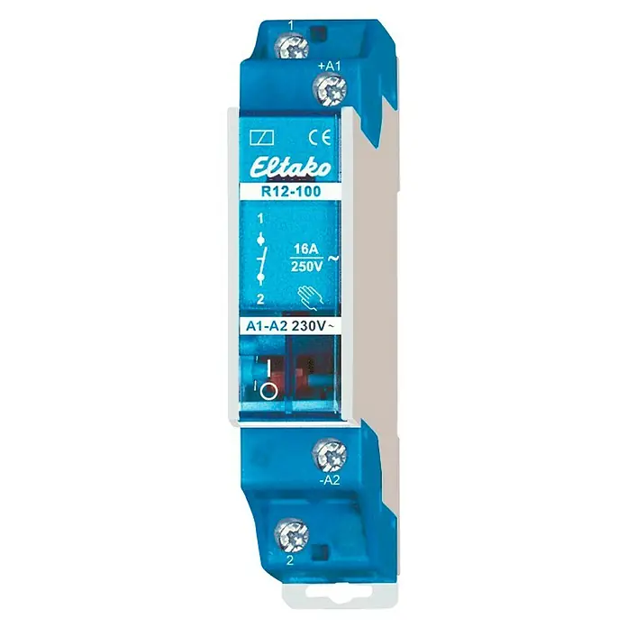 Eltako Relais-Modul R12-100-230V - 250 V, 16 A - Nahaufnahme eines blauen Eltako R12-100 Installationsrelais mit technischen Details und Anschlussklemmen.