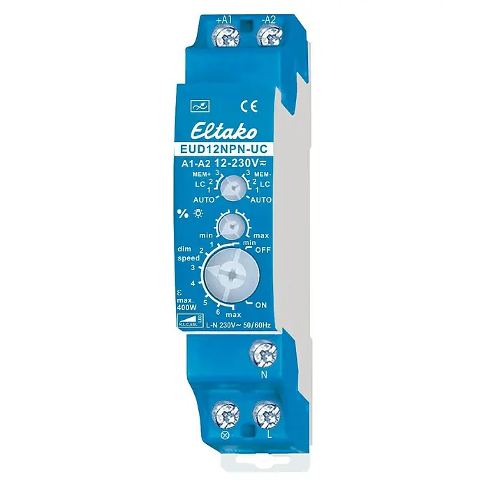 Eltako Dimmer EUD12NPN-UC - Aderquerschnitt: 6 mm² - Abbildung eines Eltako EUD12NPN-UC Dimmers, der für die präzise Steuerung von Lichtquellen in verschiedenen Umgebungen entwickelt wurde.