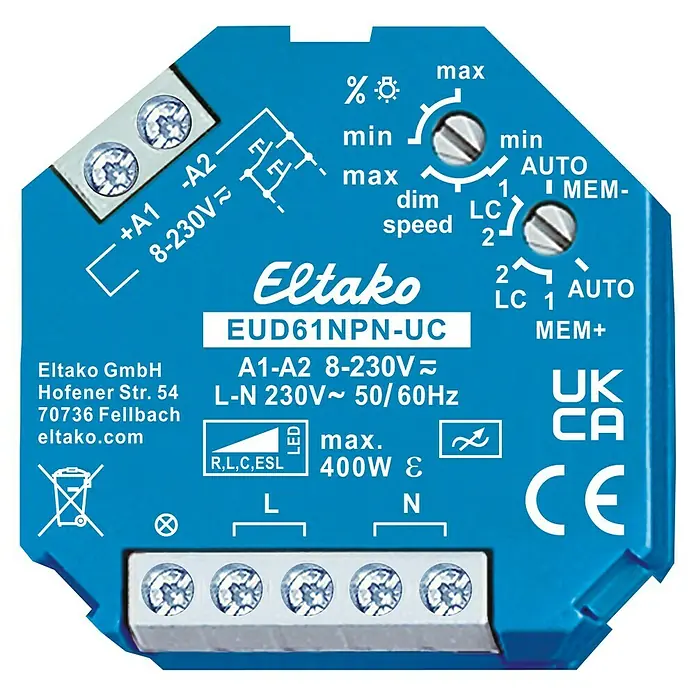 Eltako Dimmer EUD61NPN-UC - Blau - Abbildung eines Eltako EUD61NPN-UC Dimmers zur Steuerung von Beleuchtung, mit technischen Daten und Einstellmöglichkeiten für optimales Licht.