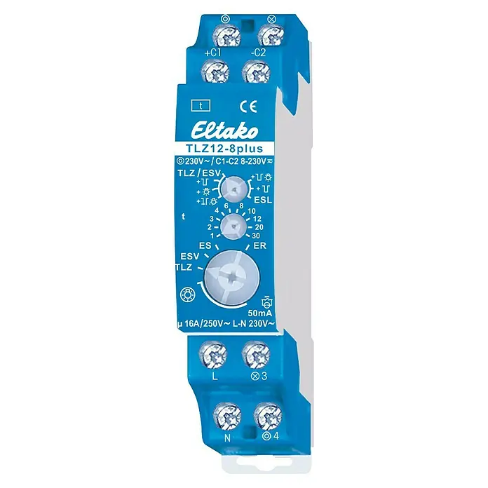 Eltako Treppenlichtzeitschalter TLZ12-8plus - 250 V, 16 A - Abbildung eines Eltako TLZ12-8plus Zeitschaltrelais zur Steuerung von Beleuchtung und Geräten mit präzisen Zeitfunktionen und einfacher Installation.