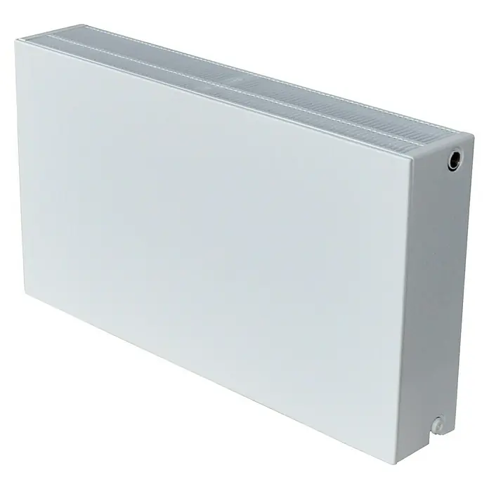 Planheizkörper - B x H: 1.400 x 300 mm, Wärmeleistung bei Vorlauftemperatur von 75 °C (D: 50): 1.261,4 W, Typ Heizkörper: 22 - Abbildung eines weißen Heizkörpers mit horizontalen Rippen zur Wärmeabgabe und Anschlüssen für Wasserzu- und -ablauf.