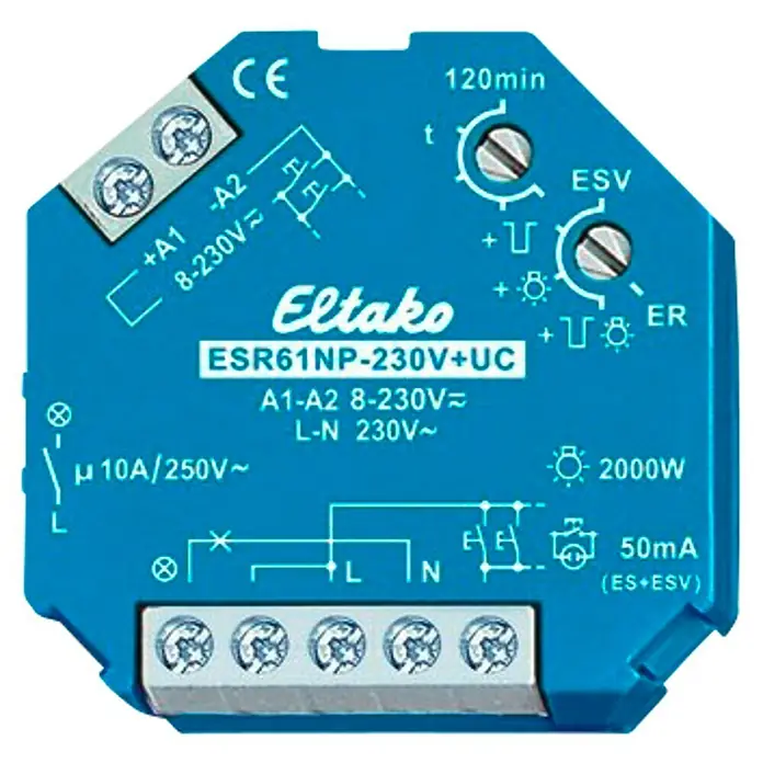 Eltako Stromstoßschalter ESR61NP-230V+UC - 250 V, 10 A - Nahaufnahme eines blauen Eltako ESR61NP-230V+UC Schaltrelais mit technischen Details und Anschlussinformationen für Elektroinstallationen.