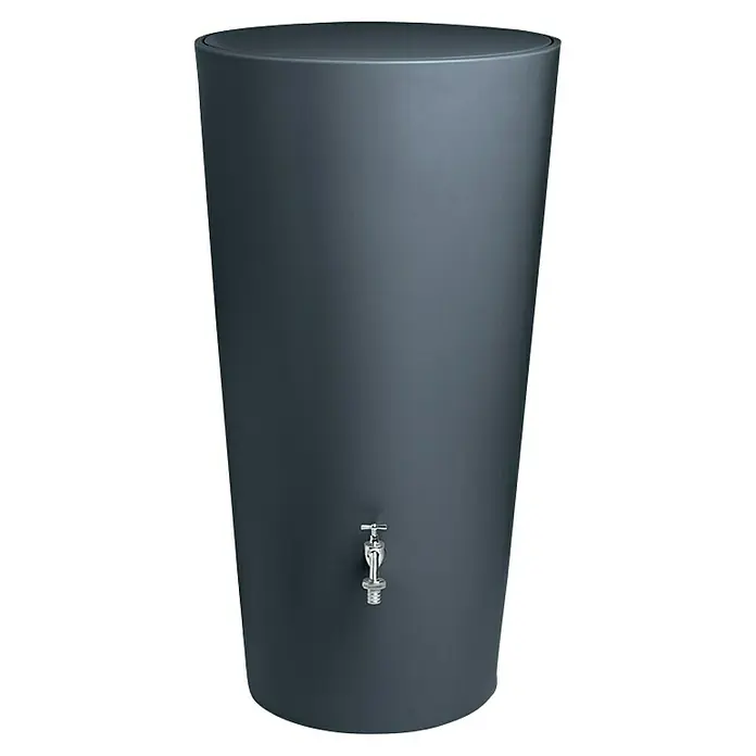 Arves Regenspeicher Rainbowl - 210 l, Anthrazit - Dunkelgraue Regentonne mit einem silbernen Wasserhahn. Eine stilvolle und praktische Lösung zur Wasserspeicherung im Garten.