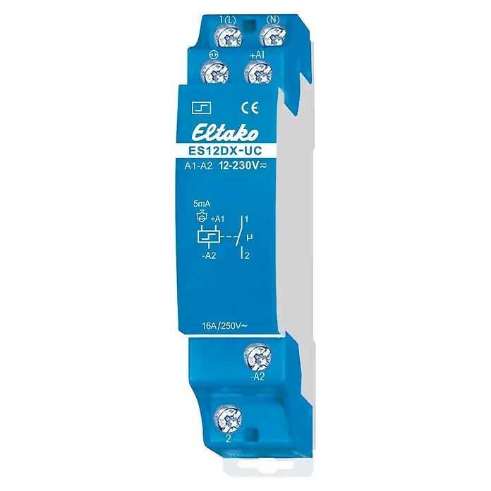 Eltako Stromstoßschalter ES12DX-UC - 250 V, 16 A - Eltako ES12DX-UC Schaltrelais, ein blaues, schmalbauendes Gerät zur Montage in Schaltschränken, mit Anschlussklemmen und technischen Daten.