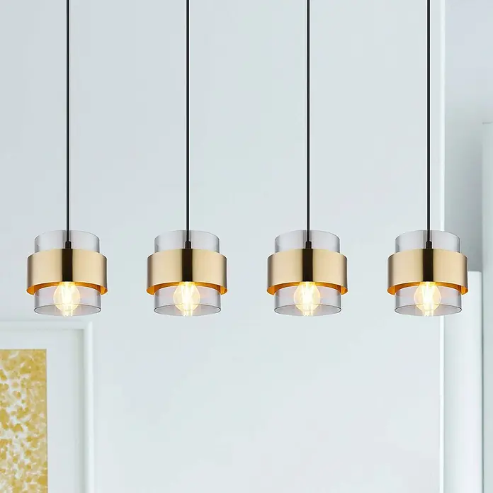 Globo Pendelleuchte rund Milley - 60 W, L x B x H: 111 x 18 x 120 cm, Schwarz, E27, Anzahl Leuchtmittel: 4 Stk. - Vier stilvolle Pendelleuchten mit goldenen Akzenten und klarem Glas, die ein warmes Licht verbreiten.