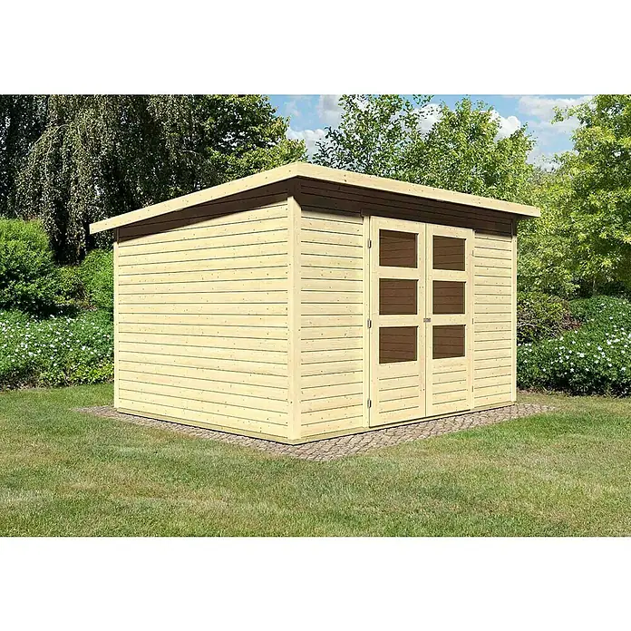 Karibu Gartenhaus Stockach 5 - Außenmaß inkl. Dachüberstand (B x T): 330 x 282 cm, Holz, Natur - Ein helles Holzgartenhaus mit Doppeltüren und kleinen Fenstern auf einer gepflasterten Fläche, umgeben von Grün. Ideal für die Gartenaufbewahrung.