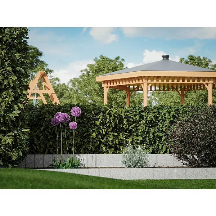 Palisade G 603 - 25 x 12 x 12 cm, Grau - Bild einer Gartengestaltung mit einem Pavillon und Zierlauch vor einem Hintergrund aus Büschen und Bäumen.
