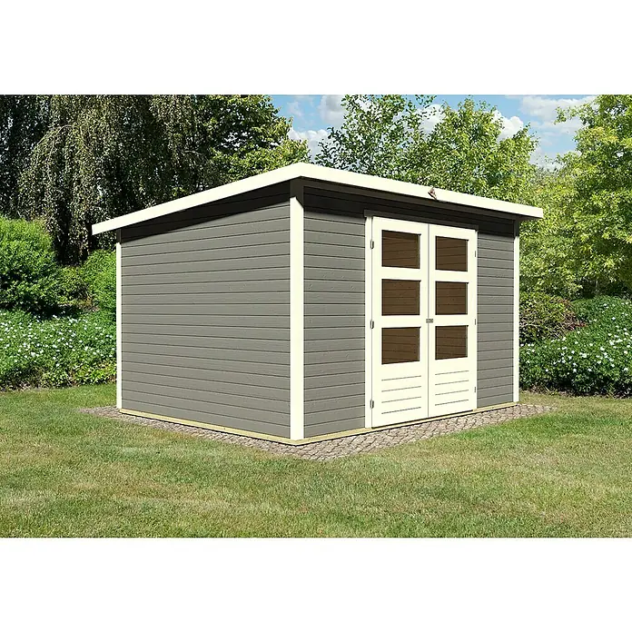 Karibu Gartenhaus Stockach 5 - Außenmaß inkl. Dachüberstand (B x T): 330 x 282 cm, Holz, Terragrau - Ein graues Gartenhaus mit cremefarbenen Akzenten und Doppeltüren steht auf einem Rasen.