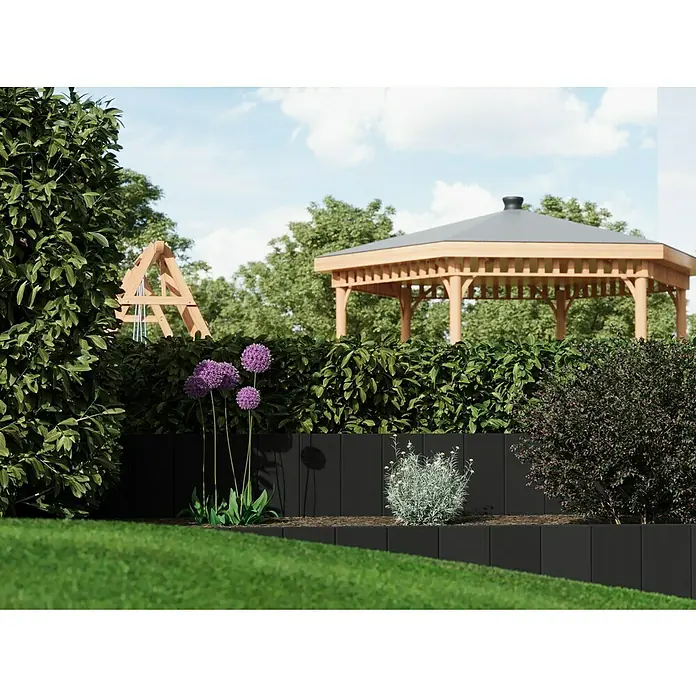 Diephaus Rechteckpalisade Mini - Anthrazit, 8 x 20 x 60 cm, Beton - Ein Garten mit einem erhöhten Beet mit Blumen und einem Gartenhaus im Hintergrund. Die Blumen blühen in verschiedenen Farben.