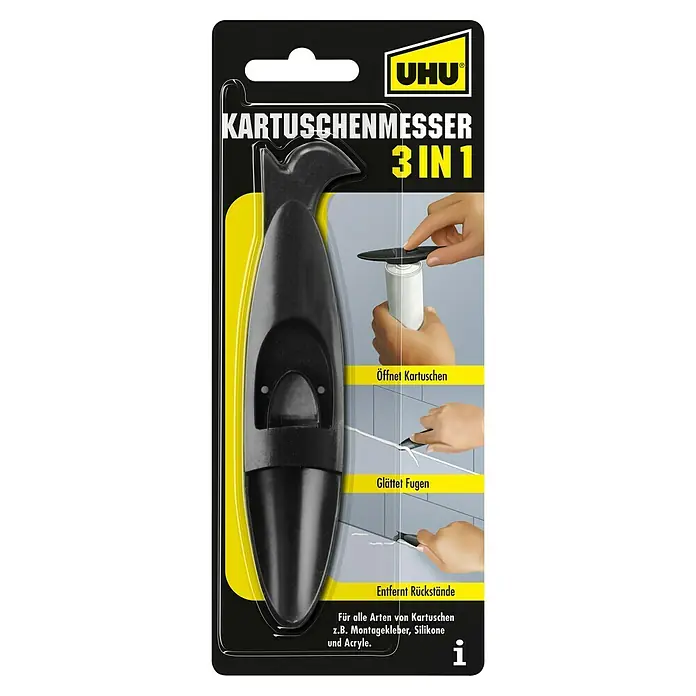 UHU Kartuschenmesser 3in1 - Geeignet für: Kunststoffkartuschen - Das UHU Kartuschenmesser 3 in 1 ist ein praktisches Werkzeug zum Öffnen von Kartuschen, Glätten von Fugen und Entfernen von Rückständen.