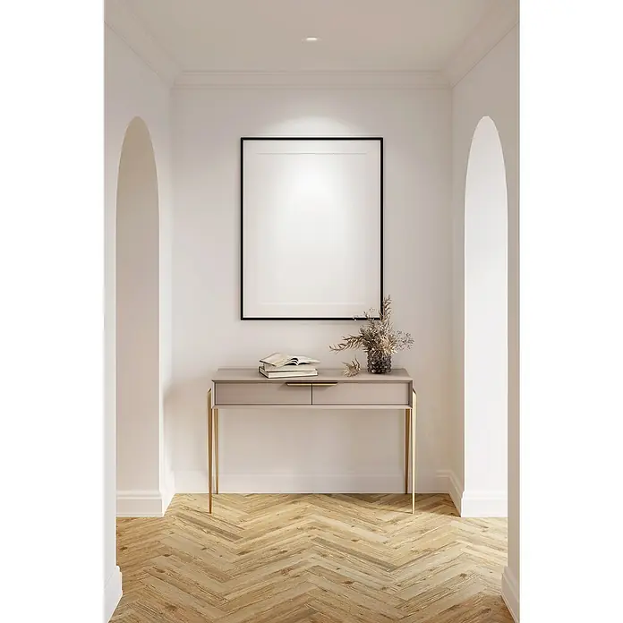 Garza Foco empotrable LED - 7 W, Ø x Al: 8,3 x 4 cm, Blanco, Blanco cálido - Consola elegante con patas doradas, ideal para recibidor o sala de estar. La imagen se realza con un marco elegante y libros.